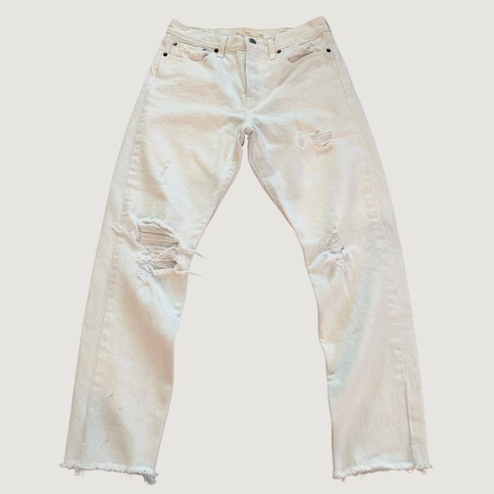 Levi's Premium Womens Wedgie Straight Jeans White Distressed Ripped Size 28
